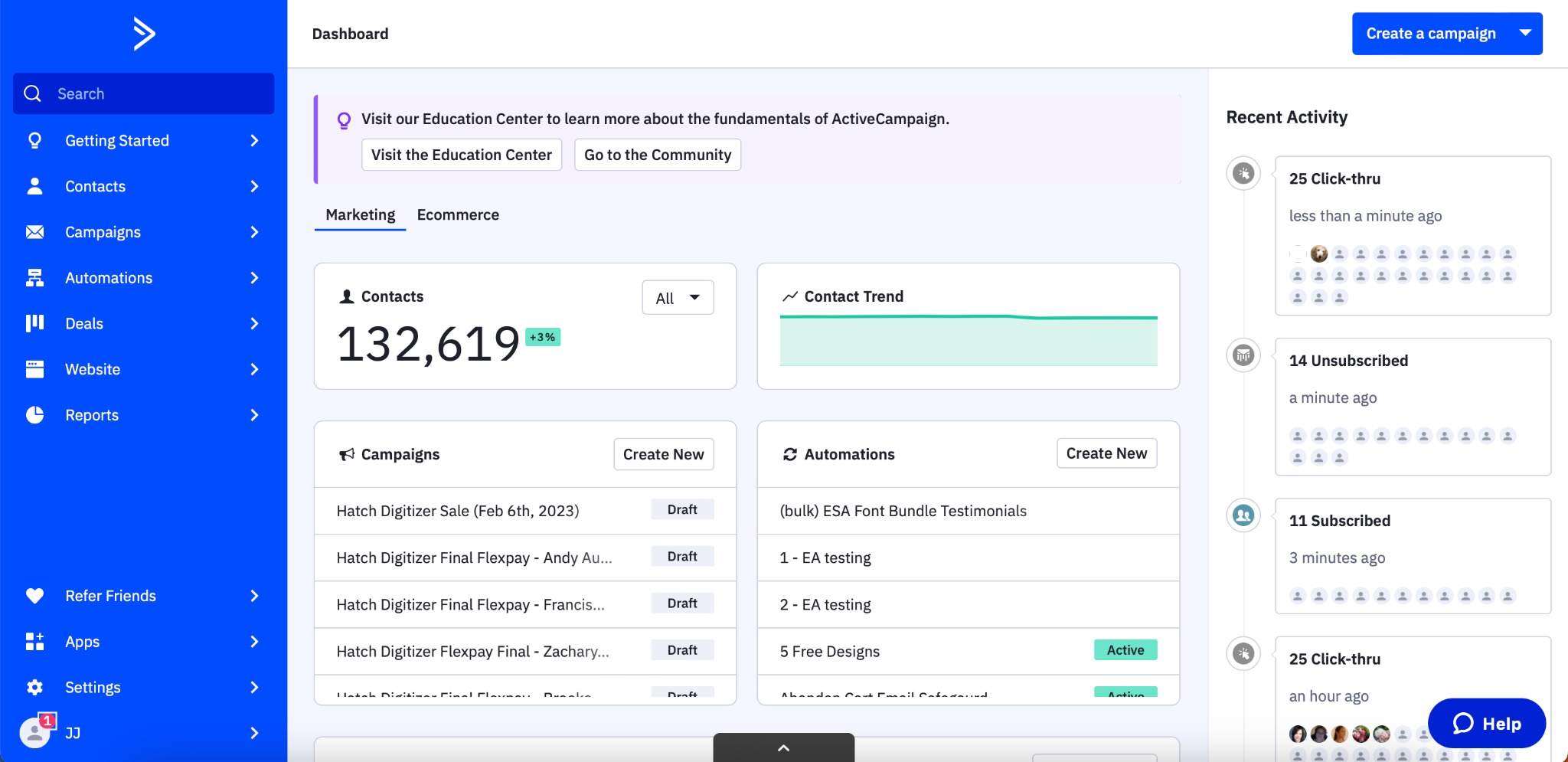 ActiveCampaign account dashboard used for email automation and deliverability work