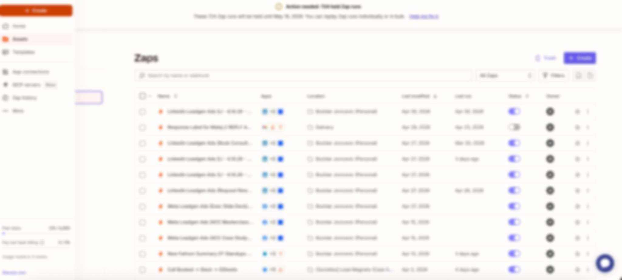 Lightly blurred Zapier automation connecting EverMed pipeline and marketing systems