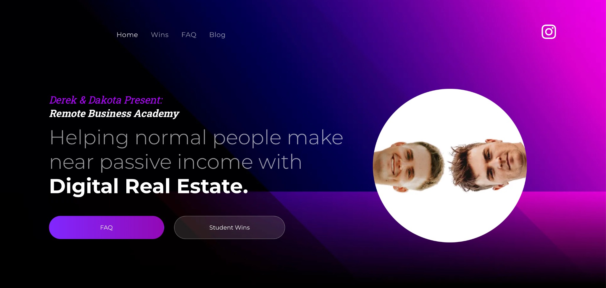 Remote Business Academy homepage with digital real estate positioning and purple gradient hero
