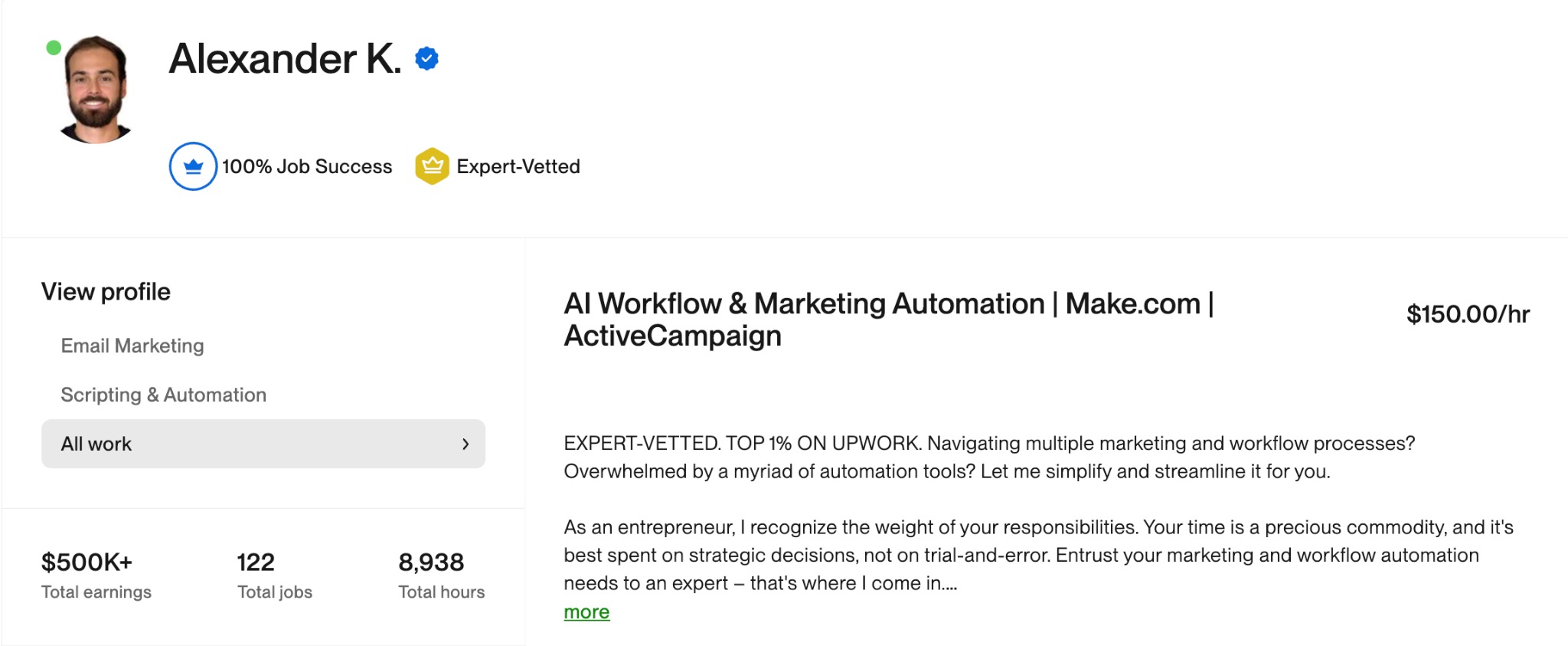 Upwork profile proof showing Alexander K., 100% Job Success, Expert-Vetted status, $500K+ total earnings, 122 total jobs, and 8,938 total hours